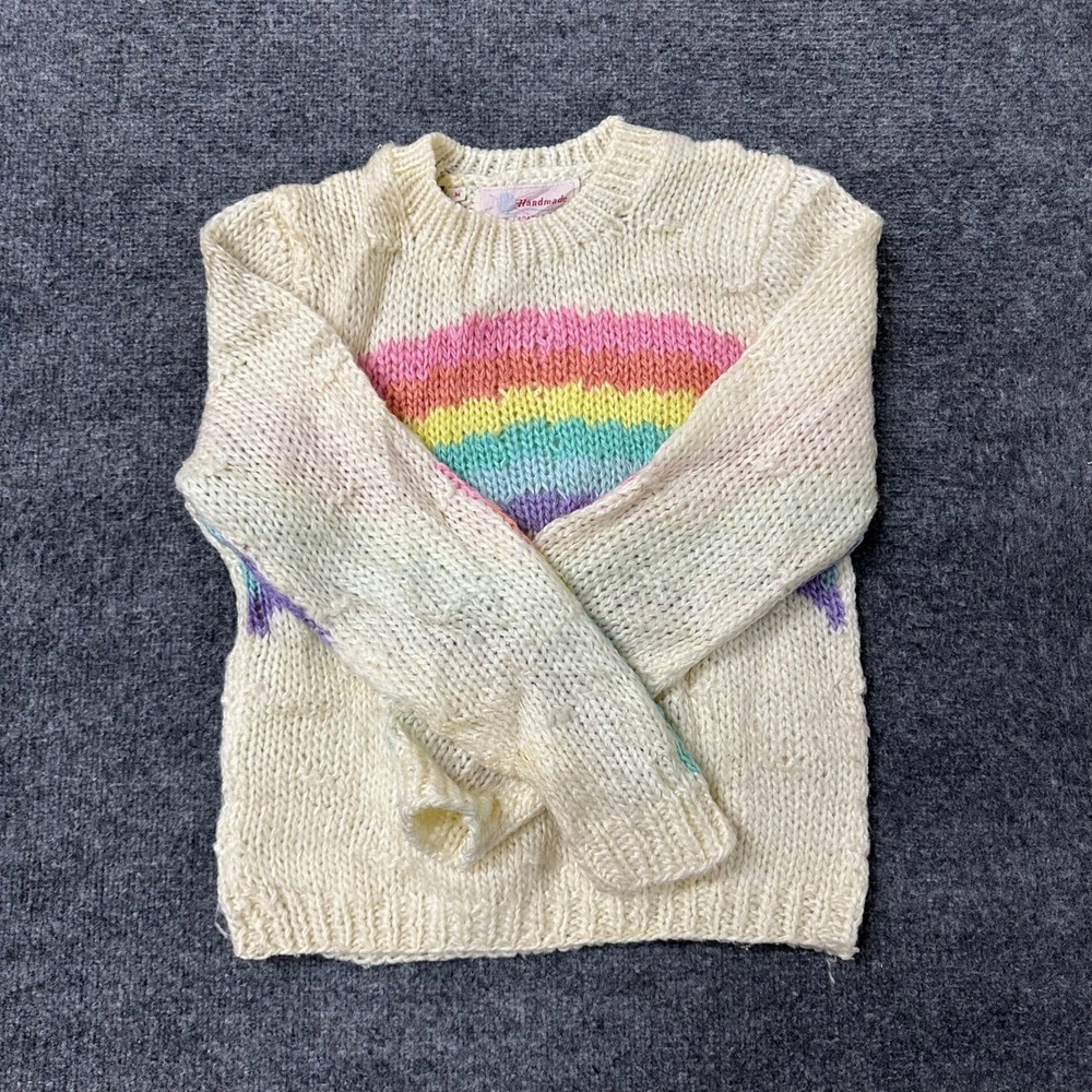 Handmade by l'americaine Sweater Womens Size M Cream Rainbow Stripe Chunky Knit